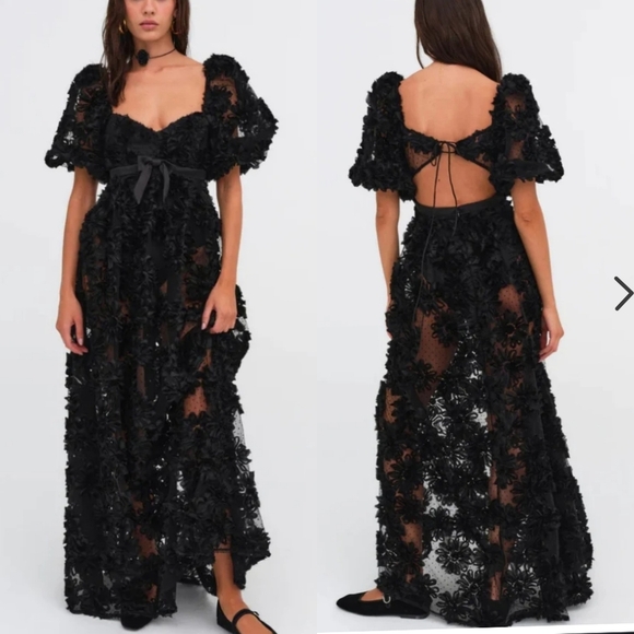 New!For Love And Lemons Astrid Black Floral Mesh Sheer Maxi Dress - Picture 1 of 16